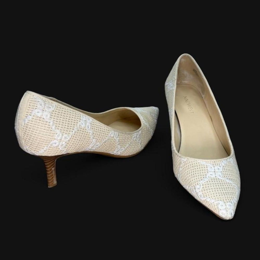 Nine West Alake Cream White Embroidered Mesh Pointed Toe Kitten Heels 9.5M
